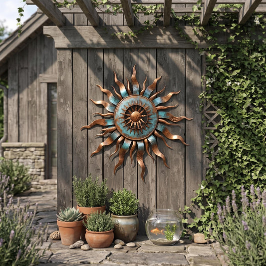 Metal Sun Wall Art – Heat Colored Sunrise, Unique Modern Home Decor, Rustic Iron Sun Sculpture for Living Room, Garden, or Outdoor Wall Art