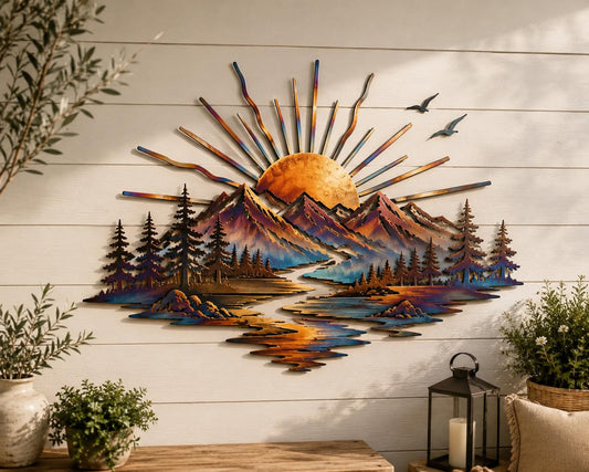 Mountain Sunrise Metal Wall Art Heat Colored Landscape Decor Outdoor Garden Wall Hanging Rustic Nature Home Decor Gift