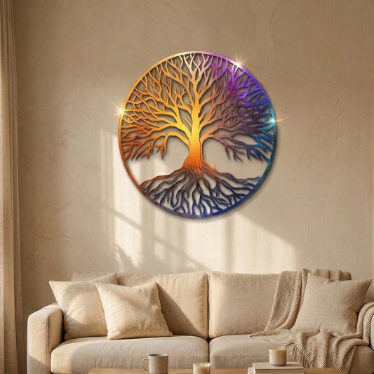 Metal Tree of Life Wall Art, Colorful Round Tree Decor, Boho Home Hanging, Custom Wedding Gift, Nature Wall Sculpture, Modern Farmhouse