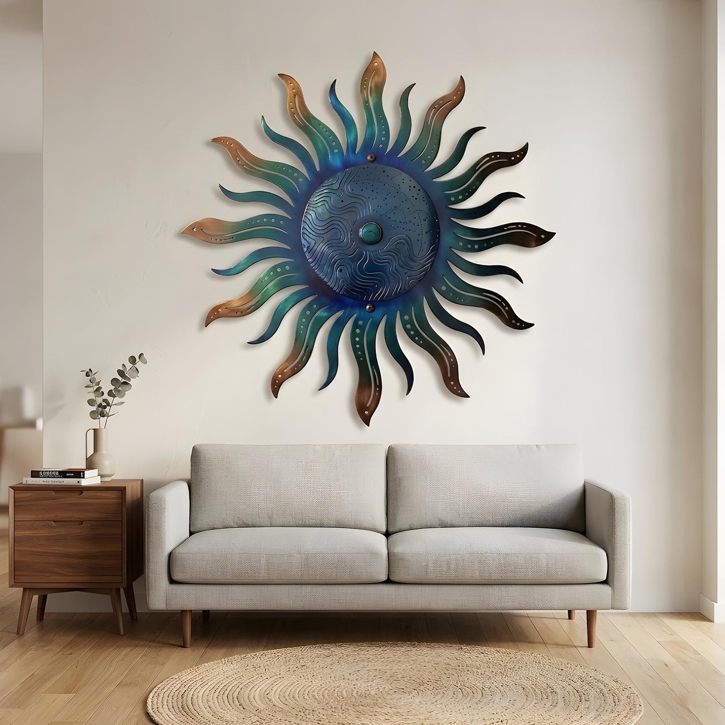 Metal Sun Wall Art Blue Green Celestial Decor Outdoor Garden Patio Hanging Aluminum UV Printed Sun Sign Rustic Wall Hanging for Fence Porch