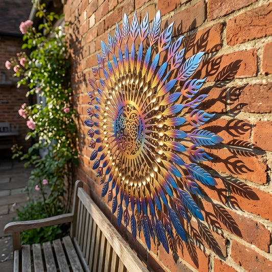 Whimsical Spiral Sun Metal Wall Art - Heat Colored, Colorful Flower Patio & Garden Decor Unique Outside Wall Decor for Home Garden