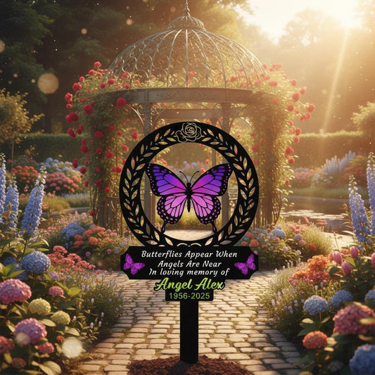 Personalized Butterfly Memorial Garden Sign, Custom In Loving Memory Metal Stake, Purple Butterfly Sympathy Plaque, Angel Remembrance Gift