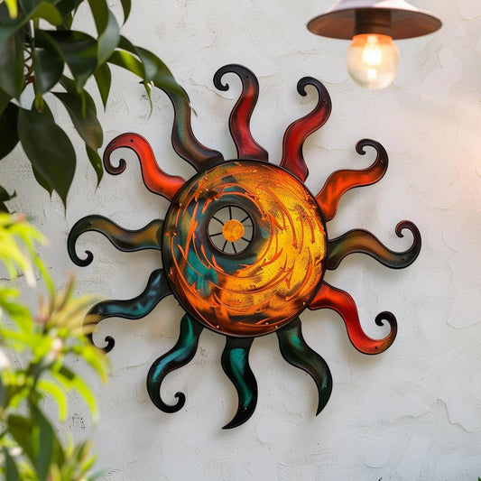 Colorful Wacky Sun Metal Wall Art Torched Finish Outdoor Patio Garden Decor Whimsical Sunburst Metal Sign Unique Home Gift