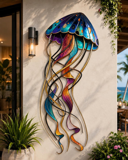 Jellyfish Metal Wall Art Colorful Ocean Decor Modern Coastal Wall Sculpture Nautical Home Hanging Wall Art Gift for Living Room Bedroom