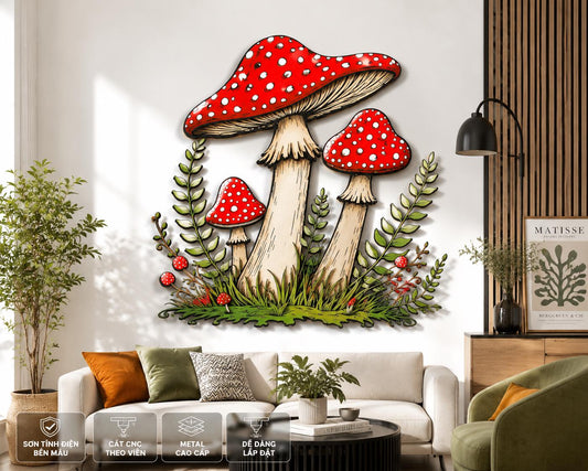 Colorful Mushroom Metal Wall Art Fantasy Mushroom Decor UV Printed Aluminum Sign Woodland Wall Hanging Cottagecore Home Decor