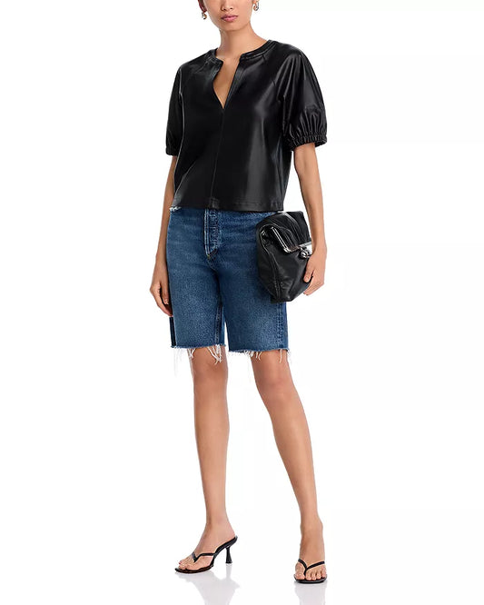 Faux Leather Split Neck Top