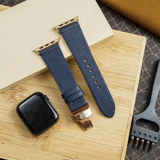 Textured Calfskin Smartwatch Compatible Bands Series 3 4 5 6 7 8 9 ultra from 38mm to 49mm - Navy Blue EP 2201