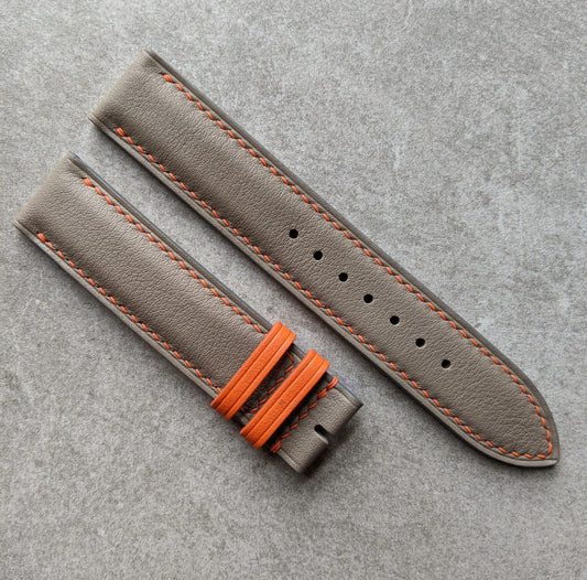 Smooth Nappa Leather Watch Strap - Light Grey & Orange