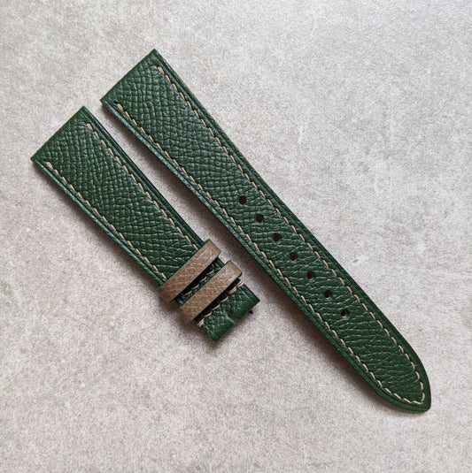 Embossed Grain Calfskin Watch Strap - Forest Green & Taupe