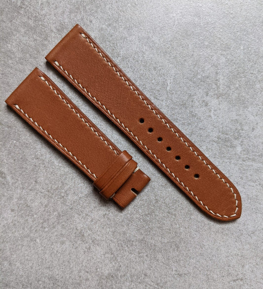Heritage Saddle Calfskin Watch Strap - Mid Brown w/cream stitching