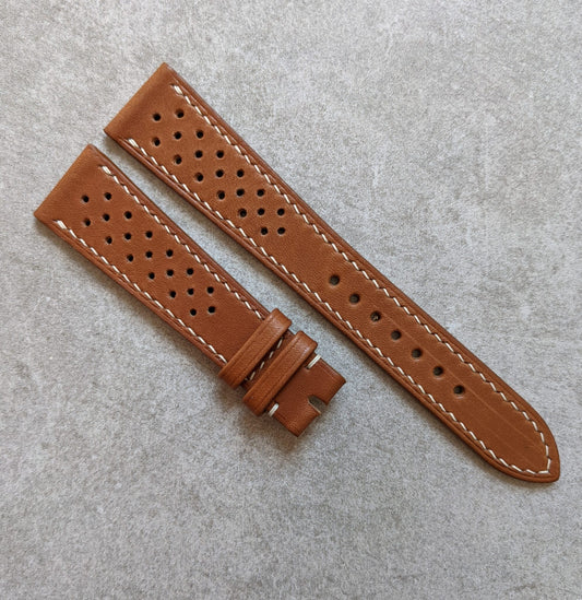 Saddle Leather Rally Calfskin Watch Strap - Mid Brown w/cream stitching