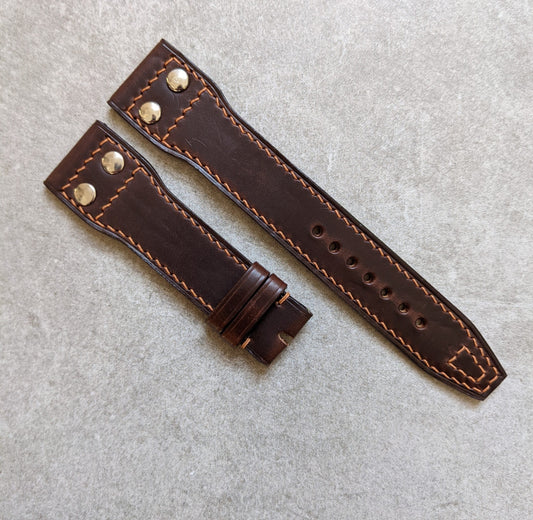 Chromexcel Aviator Twin Rivet Watch Strap - Chocolate W/Hazelnut Stitch