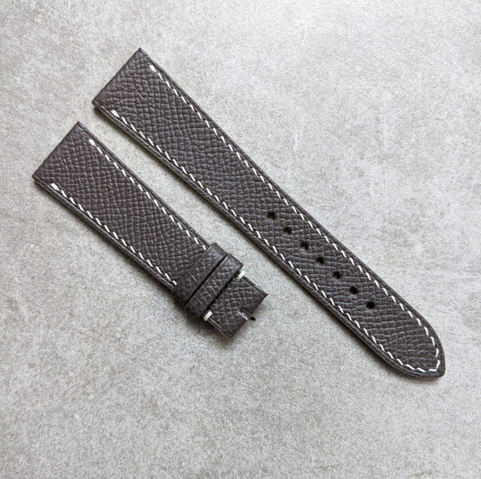 Embossed Grain Calfskin Watch Strap - Dark Grey W/White stitching & Edges