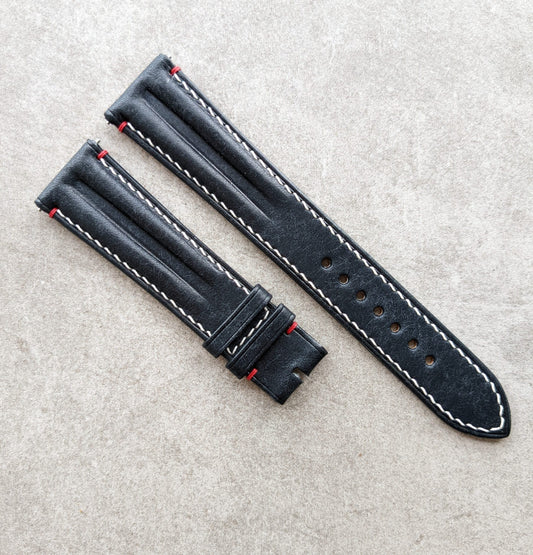 Pueblo Contoured Ridge Watch Strap - Navy Blue W/Red Lug Stitching