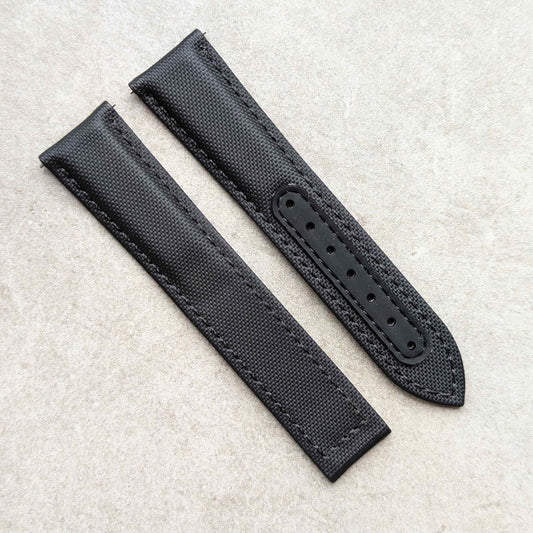 Classic Chronograph-Style Deployant Sailcloth Watch Strap - Black