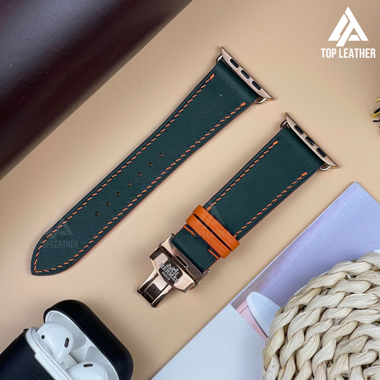 Watch Strap Smooth Nappa Leather (Smartwatch Compatible), Mechanical Watch - Moss Green mix Orange Thread SW12.33
