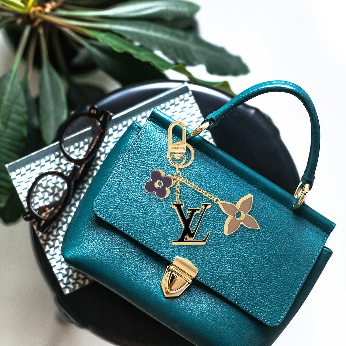 Fleur de Monogram Bag Charm - On-Bag Drape View | Eluxsic Luxury Charm