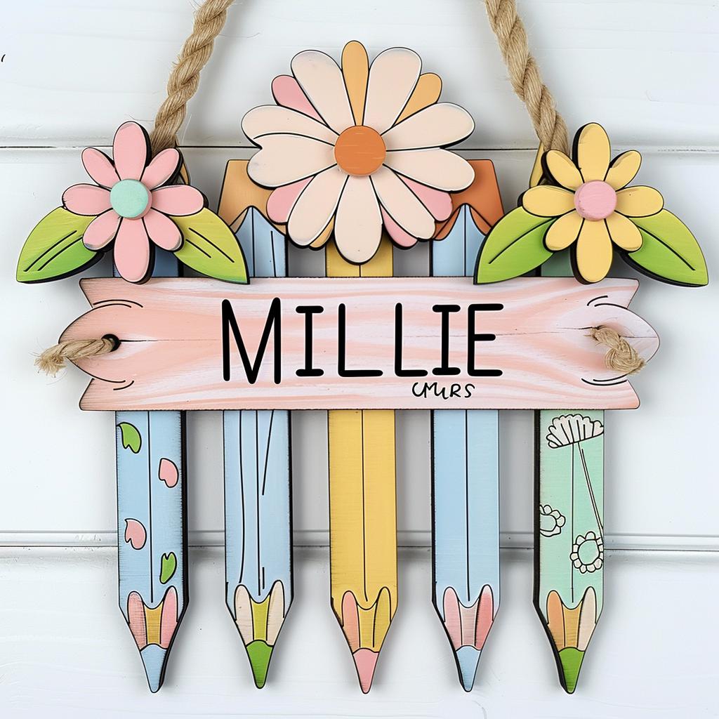 Personalized Teacher Pencil 3D Door Sign School Gift Floral Pencil Teacher Name Sign Classroom Decor Gift For Teacher Appreciation Gift