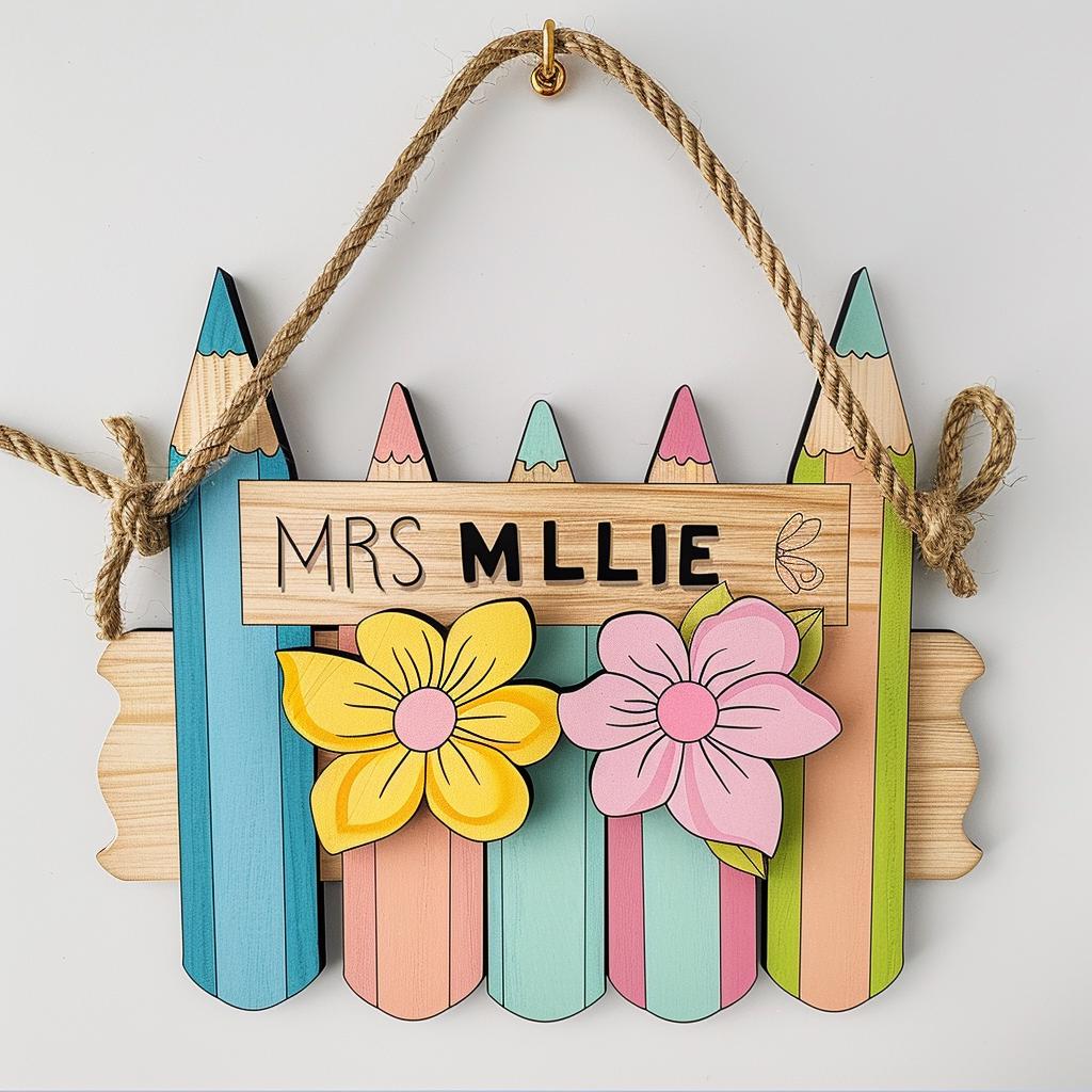 Personalized Teacher Pencil 3D Door Sign School Gift Floral Pencil Teacher Name Sign Classroom Decor Gift For Teacher Appreciation Gift