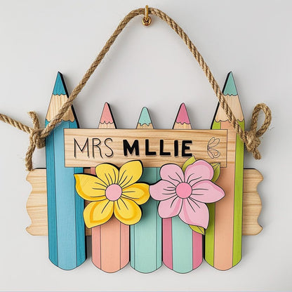 Personalized Teacher Pencil 3D Door Sign School Gift Floral Pencil Teacher Name Sign Classroom Decor Gift For Teacher Appreciation Gift