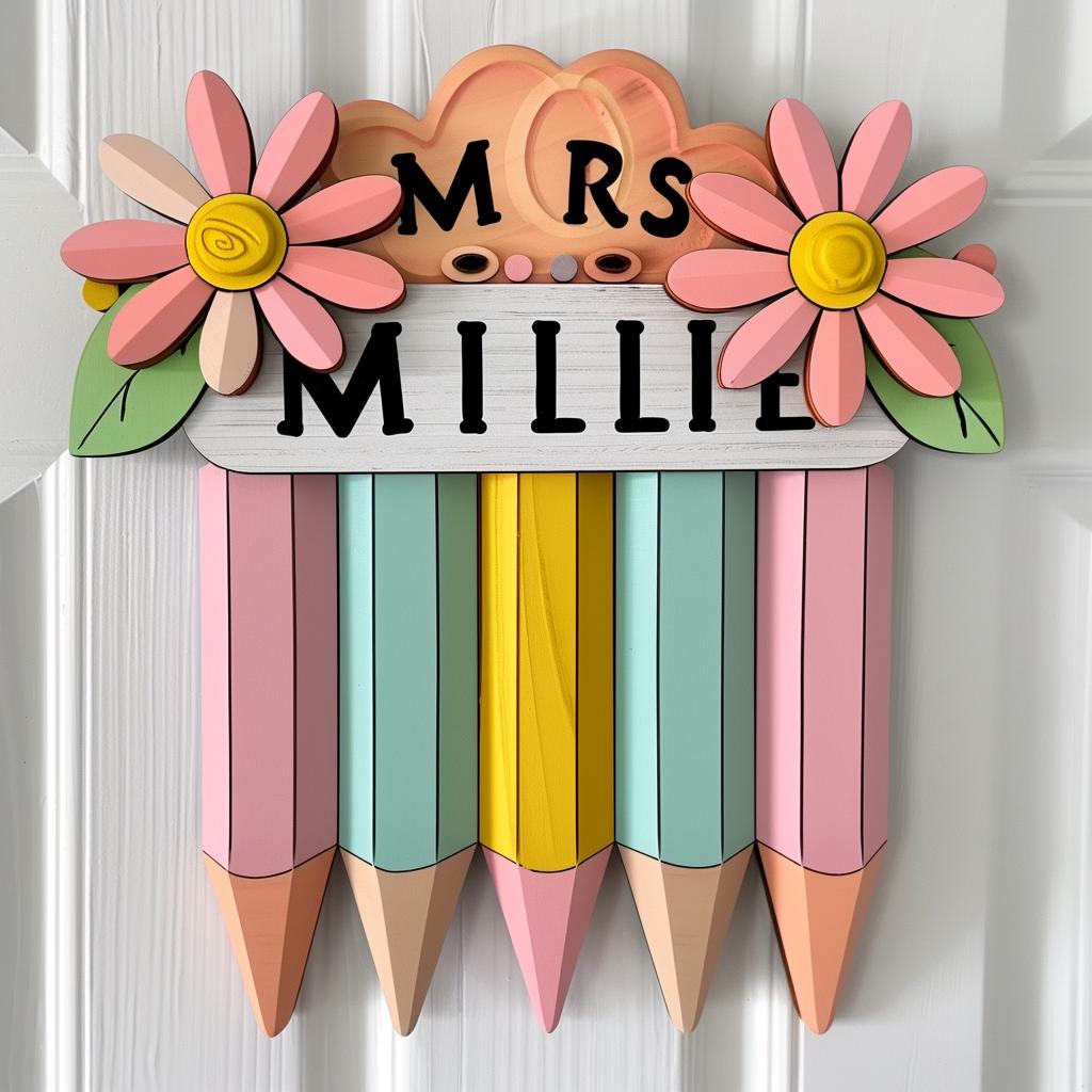 Personalized Teacher Pencil 3D Door Sign School Gift Floral Pencil Teacher Name Sign Classroom Decor Gift For Teacher Appreciation Gift