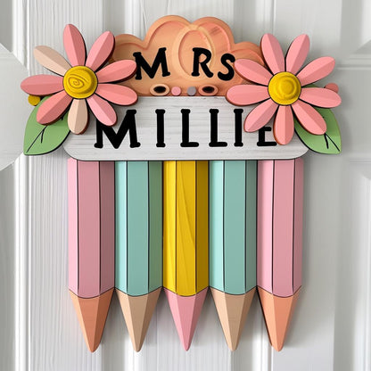 Personalized Teacher Pencil 3D Door Sign School Gift Floral Pencil Teacher Name Sign Classroom Decor Gift For Teacher Appreciation Gift