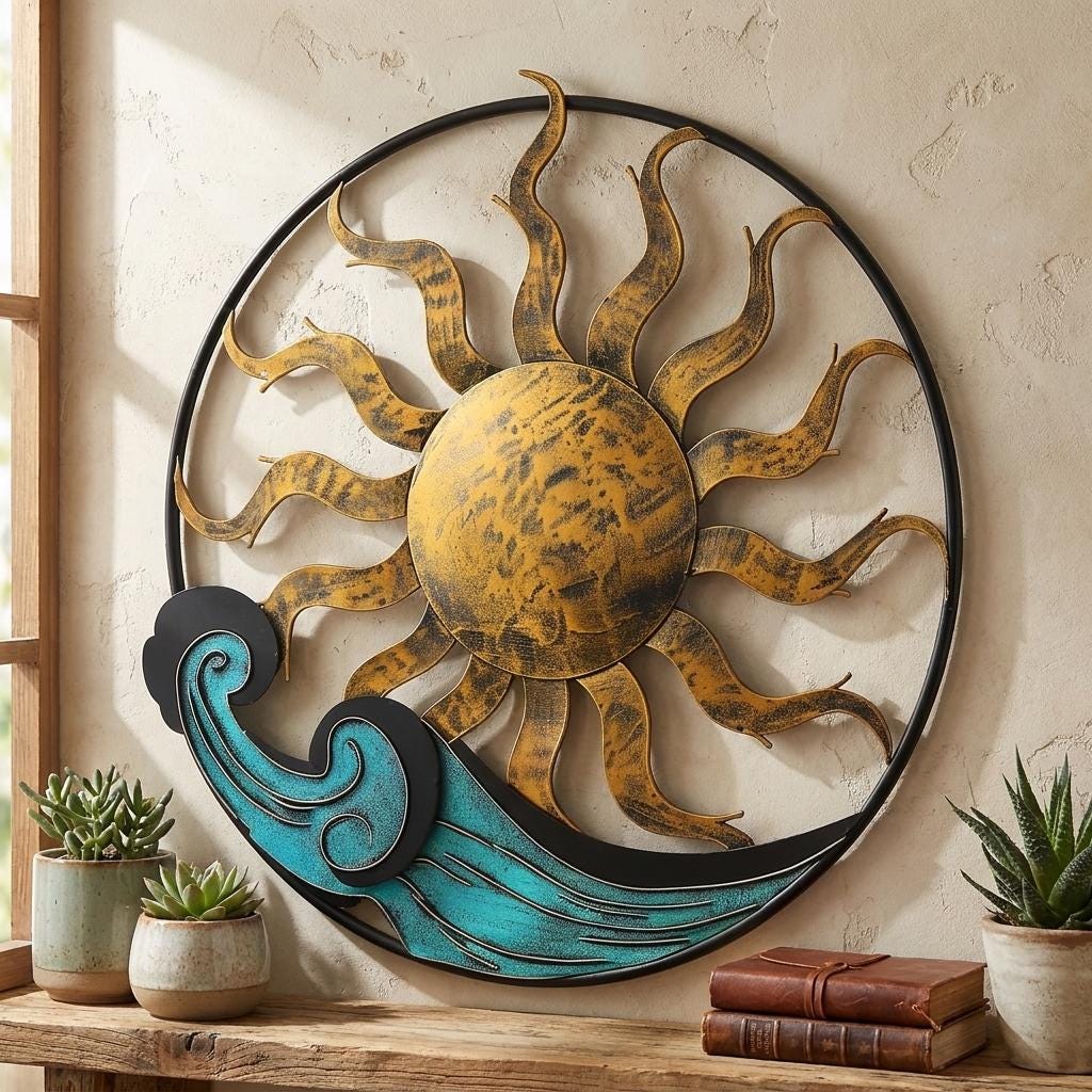 Sun Moon Metal Wall Art Ocean Wave Decor Coastal Celestial Wall Hanging Outdoor Garden Sign Beach House Decor Nautical Gift for Home