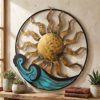 Sun Moon Metal Wall Art Ocean Wave Decor Coastal Celestial Wall Hanging Outdoor Garden Sign Beach House Decor Nautical Gift for Home