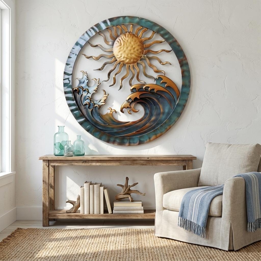 Sun Moon Metal Wall Art Ocean Wave Decor Coastal Celestial Wall Hanging Outdoor Garden Sign Beach House Decor Nautical Gift for Home