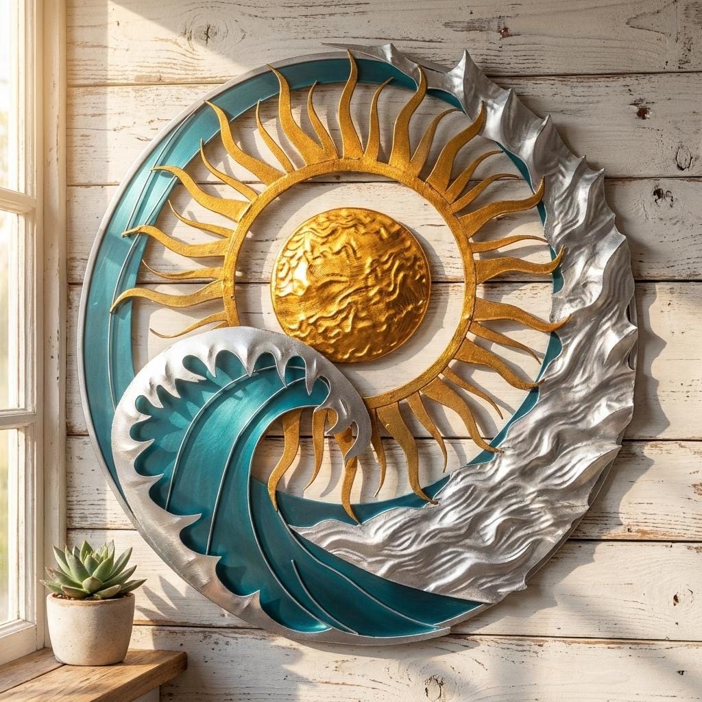Sun Moon Metal Wall Art Ocean Wave Decor Coastal Celestial Wall Hanging Outdoor Garden Sign Beach House Decor Nautical Gift for Home