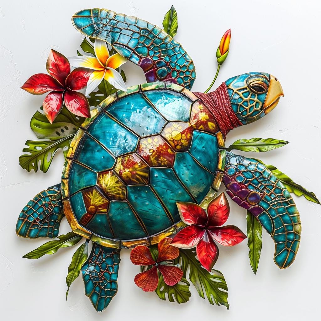 Sea Turtle Metal Wall Art Tropical Hibiscus Coastal Beach Decor Ocean Inspired Aluminum Sign Colorful Nautical Home Wall Hanging Gift Idea