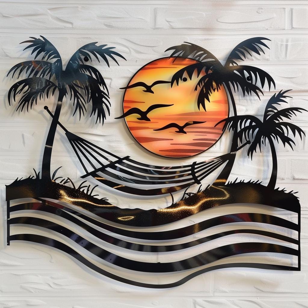Tropical Sunset Beach Metal Wall Art Palm Tree Ocean Coastal Home Decor Nautical Wall Hanging Island Paradise Accent for Beach House Lovers