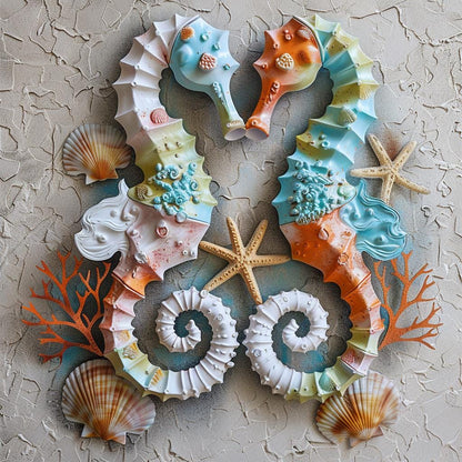 Seahorse Coral Metal Wall Art Sign, Coastal Ocean Decor for Bathroom Bedroom Living Room, Nautical Beach House Sea Life Hanging Accent Decor