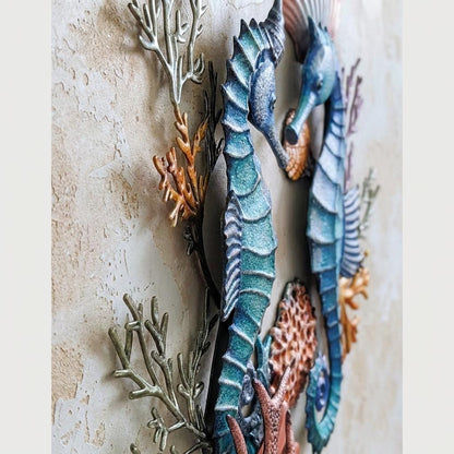 Seahorse Coral Metal Wall Art Sign, Coastal Ocean Decor for Bathroom Bedroom Living Room, Nautical Beach House Sea Life Hanging Accent Decor