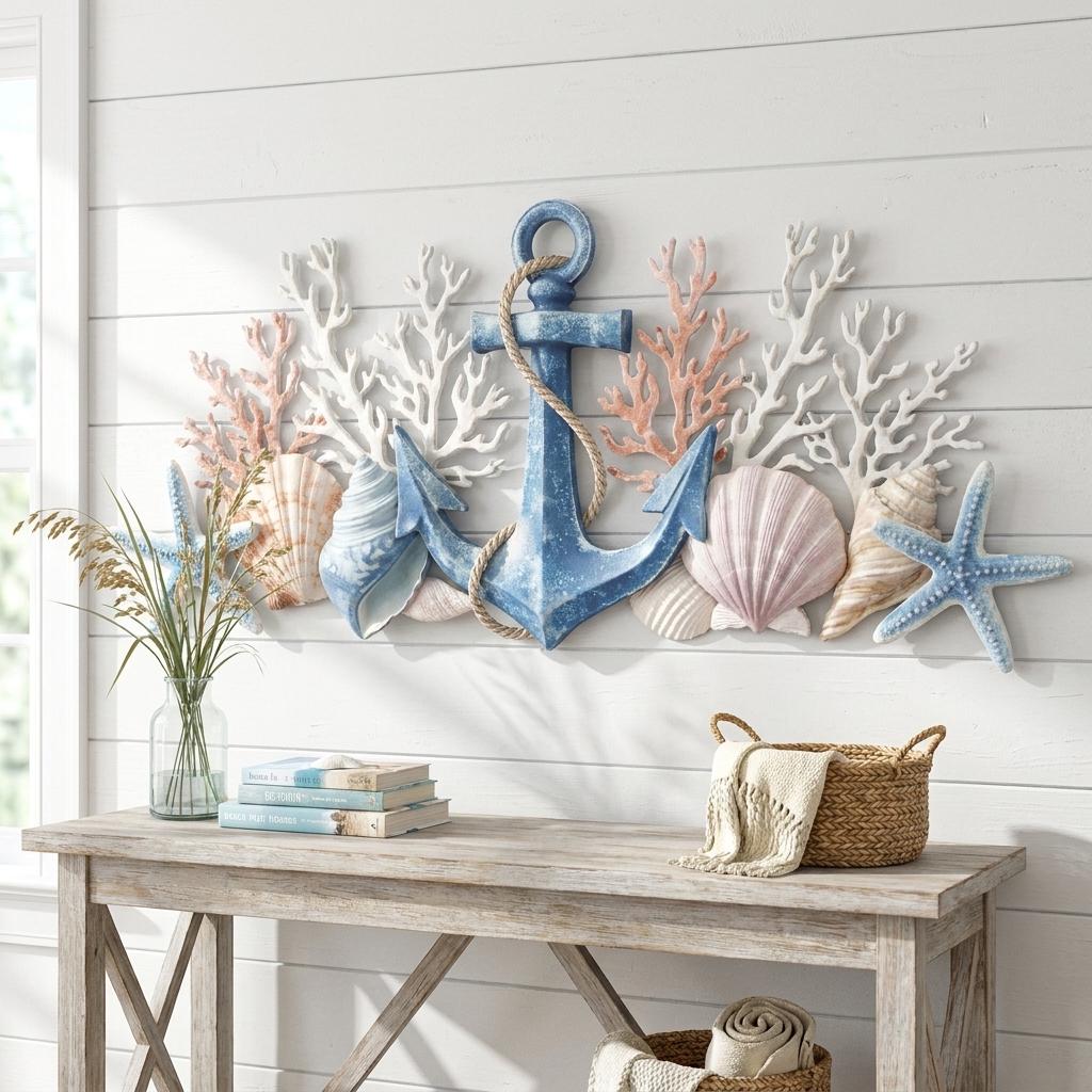 Coastal Shell Metal Wall Art, Beach House Decor with Starfish Coral and Palm Leaves, Nautical Ocean Sign for Bathroom Bedroom Living Room