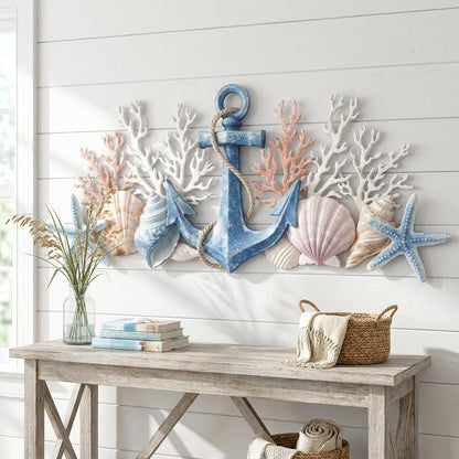 Coastal Shell Metal Wall Art, Beach House Decor with Starfish Coral and Palm Leaves, Nautical Ocean Sign for Bathroom Bedroom Living Room