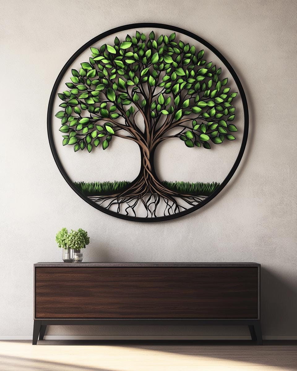 Tree of Life Metal Wall Art, Round Nature Wall Decor, Rustic Green Tree Sign for Living Room Bedroom, Farmhouse Hanging Gift