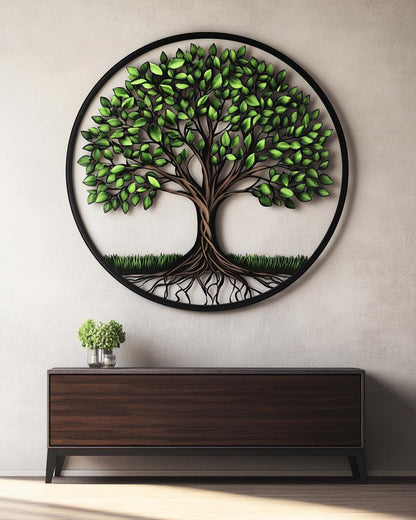 Tree of Life Metal Wall Art, Round Nature Wall Decor, Rustic Green Tree Sign for Living Room Bedroom, Farmhouse Hanging Gift