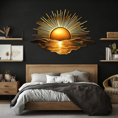 Sun Metal Wall Art, Sunrise Wall Decor for Bedroom Living Room, Boho Golden Sun Wall Hanging, Outdoor Garden Patio Modern Sign, Home Gift