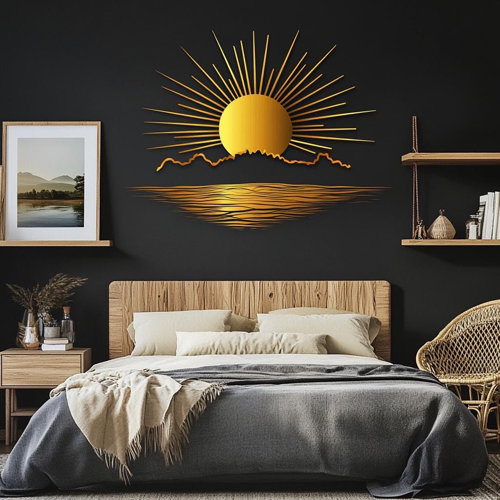 Sun Metal Wall Art, Sunrise Wall Decor for Bedroom Living Room, Boho Golden Sun Wall Hanging, Outdoor Garden Patio Modern Sign, Home Gift
