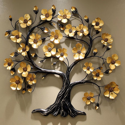 Gold Flower Tree Metal Wall Art, Elegant Black and Gold Floral Sculpture, Modern Rustic Wall Decor, Living Room Housewarming Gift Decor