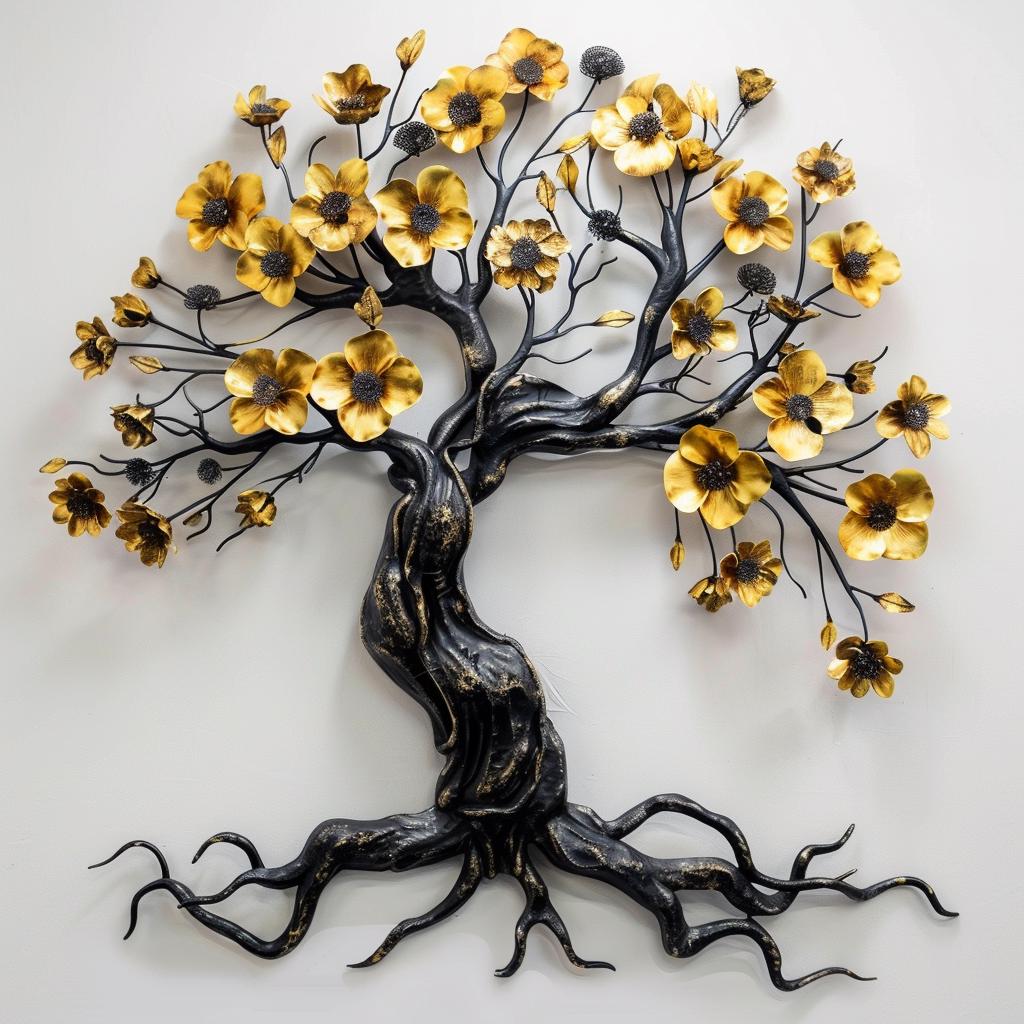 Gold Flower Tree Metal Wall Art, Elegant Black and Gold Floral Sculpture, Modern Rustic Wall Decor, Living Room Housewarming Gift Decor