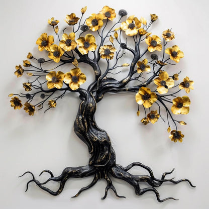 Gold Flower Tree Metal Wall Art, Elegant Black and Gold Floral Sculpture, Modern Rustic Wall Decor, Living Room Housewarming Gift Decor