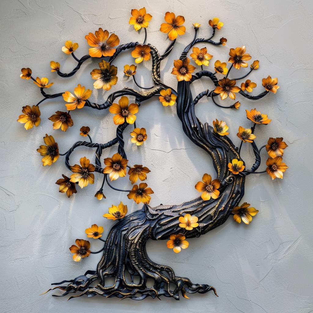 Gold Flower Tree Metal Wall Art, Elegant Black and Gold Floral Sculpture, Modern Rustic Wall Decor, Living Room Housewarming Gift Decor