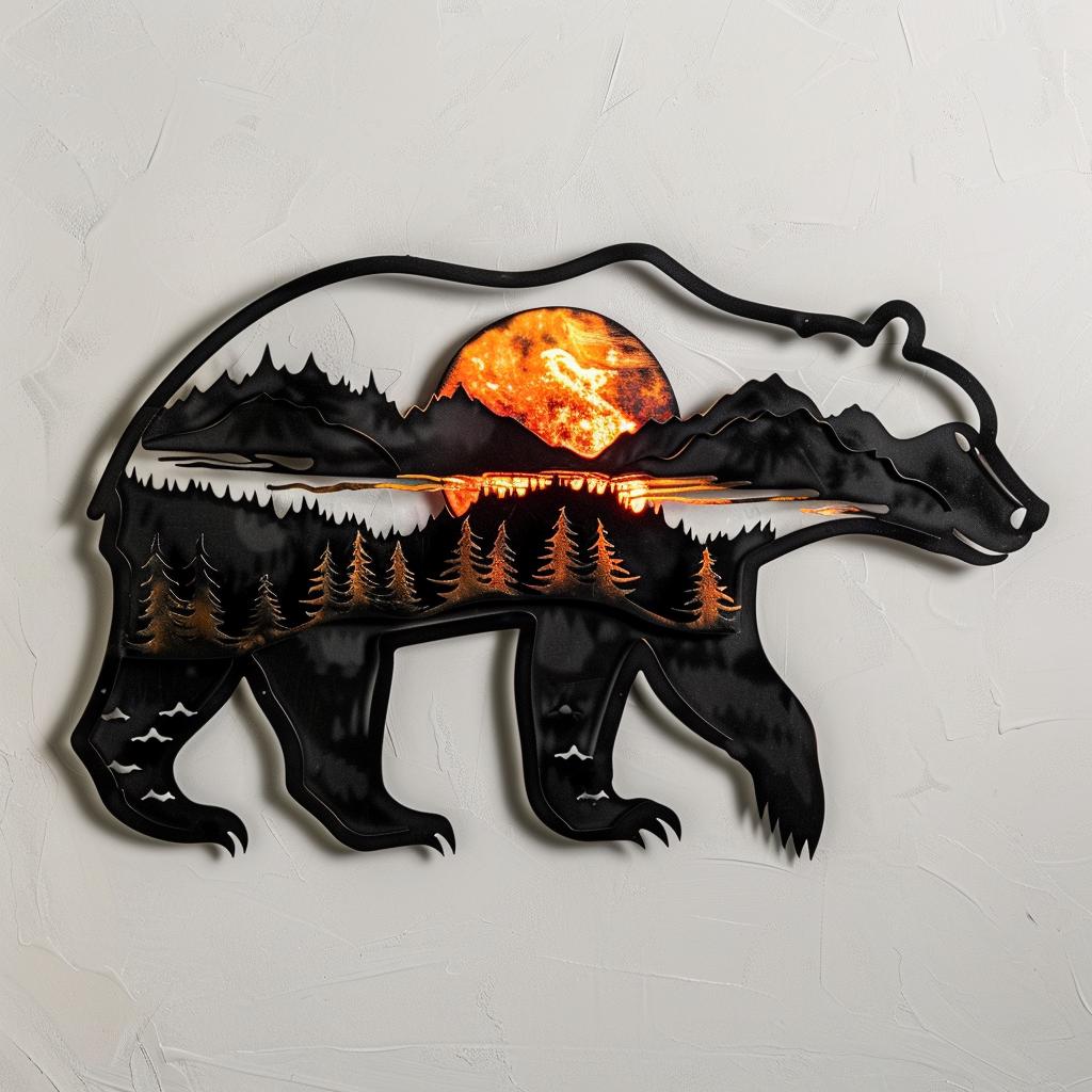 Black Bear Metal Wall Art, Mountain Forest Scene, Rustic Cabin Decor, Wildlife Nature Sign, Lodge Wall Hanging, Cabin Housewarming Gift