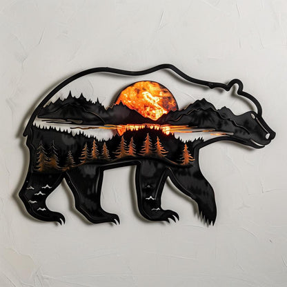 Black Bear Metal Wall Art, Mountain Forest Scene, Rustic Cabin Decor, Wildlife Nature Sign, Lodge Wall Hanging, Cabin Housewarming Gift