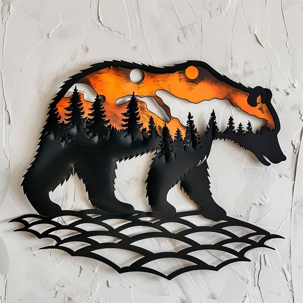 Black Bear Metal Wall Art, Mountain Forest Scene, Rustic Cabin Decor, Wildlife Nature Sign, Lodge Wall Hanging, Cabin Housewarming Gift