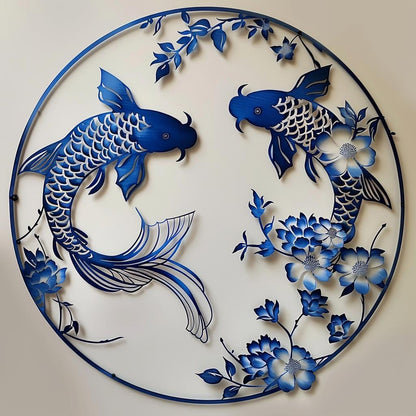 Koi Fish Metal Wall Art, Round Blue Floral Metal Sign, 2D Aluminum Wall Decor, Japanese Koi Fish Decor, Zen Home Gift