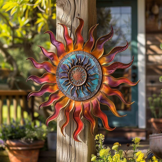 Metal Sun Wall Art Outdoor Garden Decor Celestial Sun Hanging Patio Porch Fence Rustic Boho Colorful Metal Wall Sculpture for Yard Gift