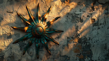 Rustic Sun Wall Metal Sign Turquoise Bronze Outdoor Wall Decor Handmade Aluminum UV Printed Sun Sculpture for Patio Garden Porch Yard Art